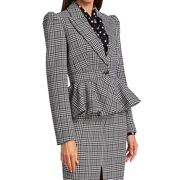 DESIGNER MICHAEL KORS COLLECTION GREY PLAID PRINT PEPLUM VIRGIN WOOL BLAZER 10.R - Picture 15 of 15